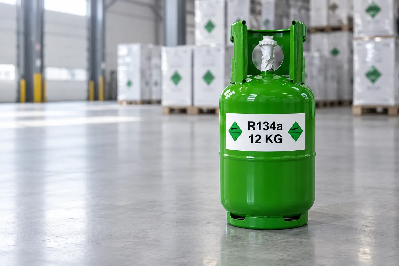 Green reusable R134a 12 kg refrigerant cylinder in a warehouse